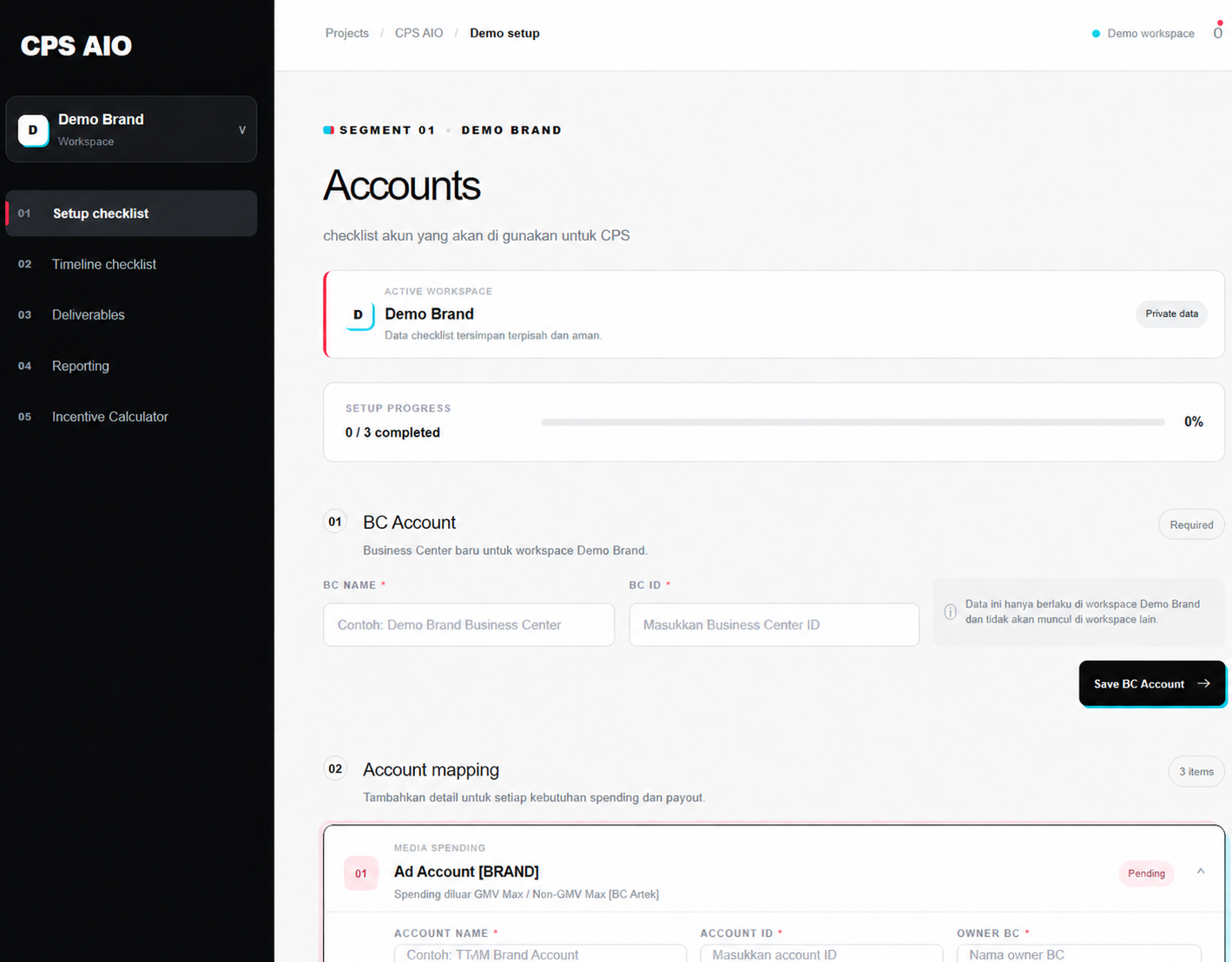 Tampilan CPS AIO Operations Portal dengan setup checklist dan account mapping untuk Demo Brand