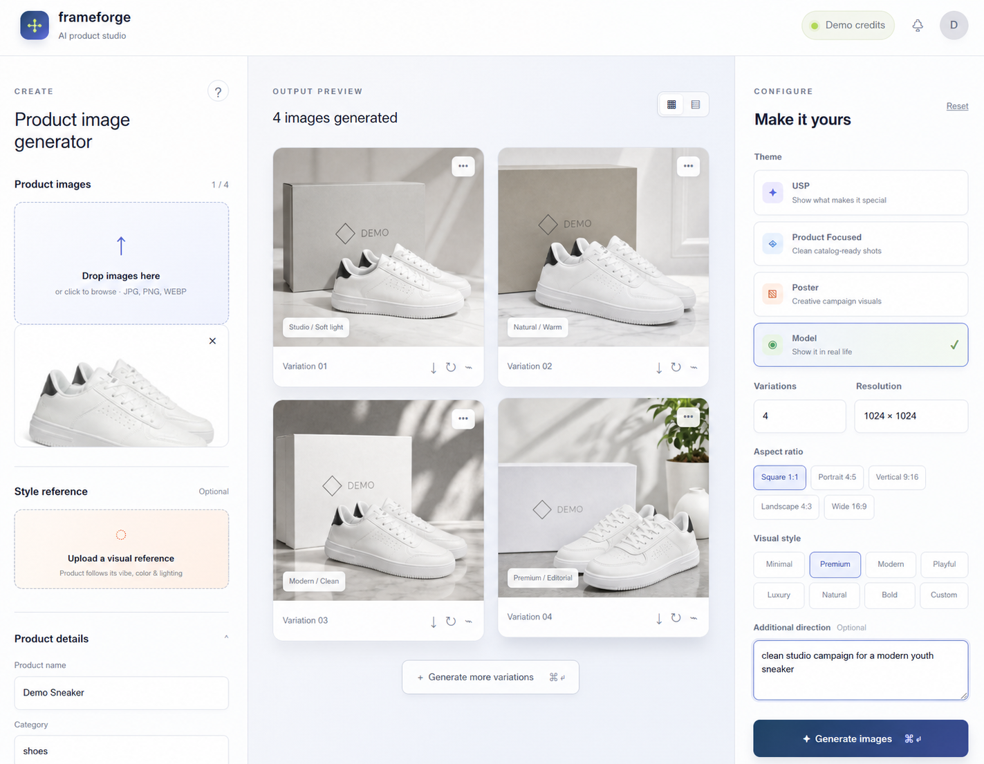 Tampilan Frameforge Image Generator dengan empat variasi visual sepatu dan panel konfigurasi